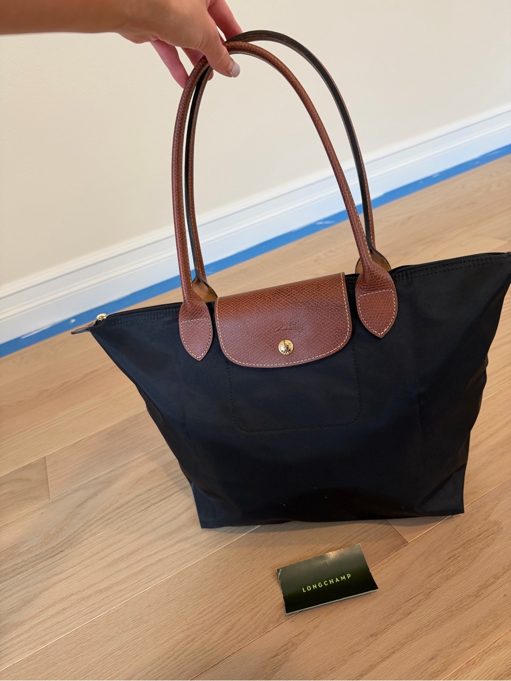 Longchamp medium Black Nylon Tote with Brown Leather Trim and Handles